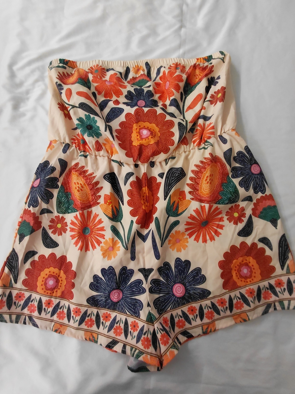 Floral Strapless Romper Shorts in Cream and Orange Shein 1X